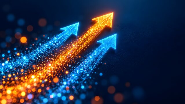 Dynamic glowing particle arrows moving upward illustrating rapid business growth digital transformation and financial trajectory