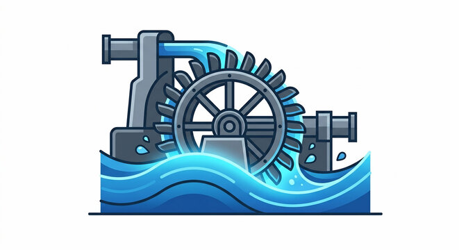 Illustration of a classic water mill wheel turning in flowing river water.
