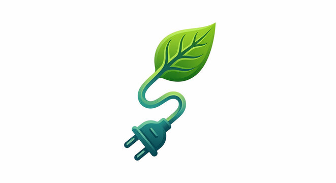 Green energy concept with an electrical plug transitioning into a fresh leaf.