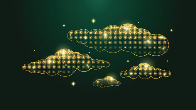 Golden glittering halftone dot clouds on a dark green luxury background