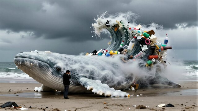 Whale entangled in plastic waste, person stands shocked on beach under stormy sky.