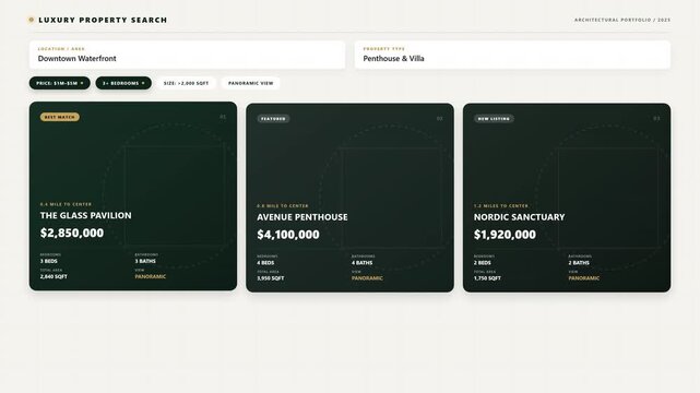 Minimalist digital property search interface displaying real estate listings with dark background for architectural portfolio and professional business web presentation