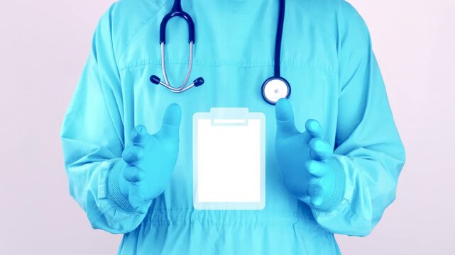 Doctor in light blue surgical scrubs presents a digital medical record icon, symbol of electronic health records, digital patient tracking awareness