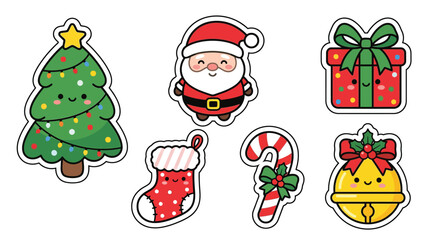 Fototapeta premium Cute Christmas Sticker Set with Kawaii Santa Tree and Gift