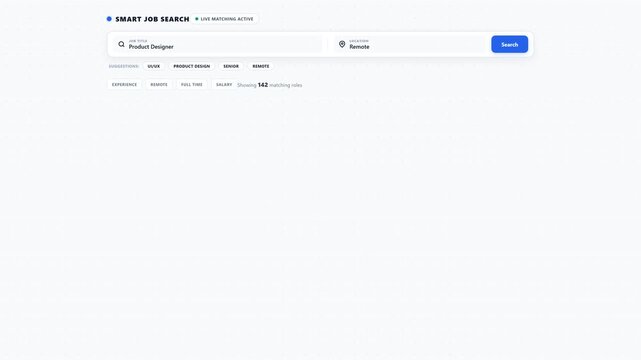 Clean minimalist web interface displaying a smart job search dashboard with remote software design roles and salary expectations for career platforms