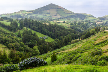 Obraz premium Green rolling hills of San Miguel Island, Azores, with a distant mountain peak. Lush vegetation covers the landscape under a cloudy sky. Scenic view of the volcanic island in Portugal.