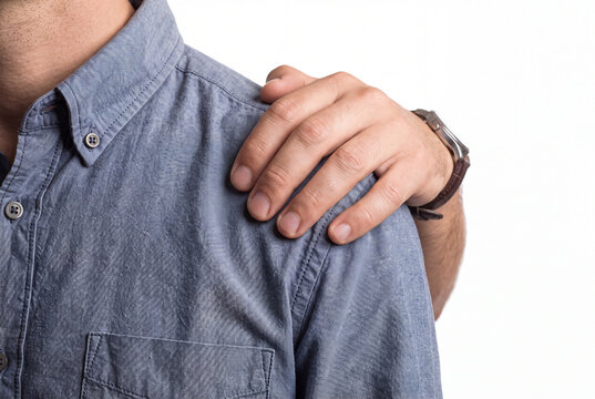 A steady, reassuring hand placed firmly on a shoulder offering support and comfort wearing a soft cotton shirt.