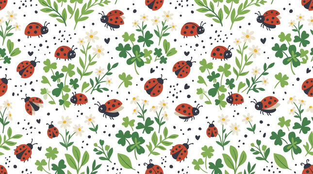 Cute Ladybug and Clover Pattern: Kawaii Seamless Design with Flowers and Leaves