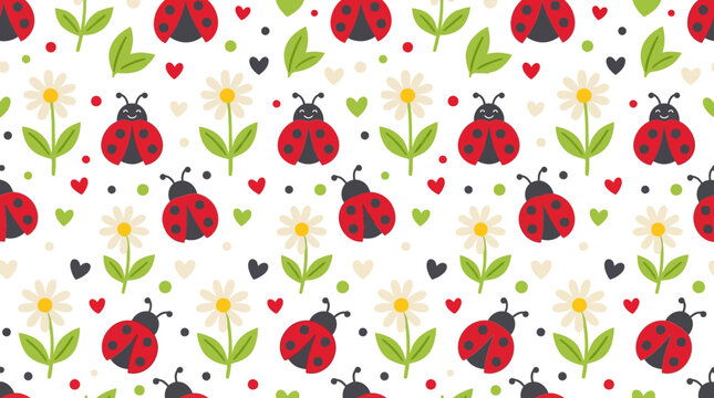 Cute Ladybug and Daisy Flower Seamless Pattern, Cartoon Nature Background