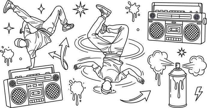 Hip hop culture vector elements set with breakdancers retro boombox boomboxes graffiti spray can and stars line art