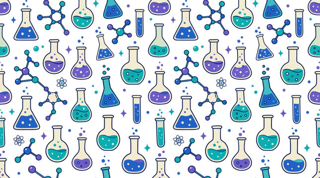 Cute Science Pattern: Beakers, Flasks, Molecules. Chemistry, Biology, Education.