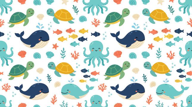 Cute Sea Creatures Pattern: Whales, Turtles, Octopus, Fish, and Shells
