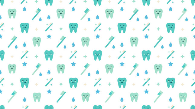 Cute Tooth Pattern Background - Dental Care, Hygiene, and Oral Health - Vector Illustration