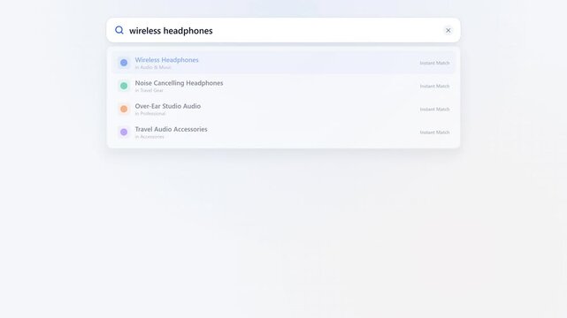 Minimalist digital interface featuring a wireless headphone search results page with product cards arranged in a clean grid layout design