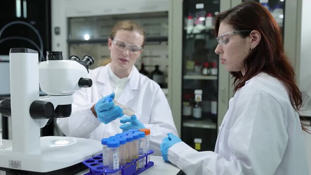 Two female scientists discussing research findings in laboratory. Female research scientists collaborating in a modern laboratory while discussing experiment results.