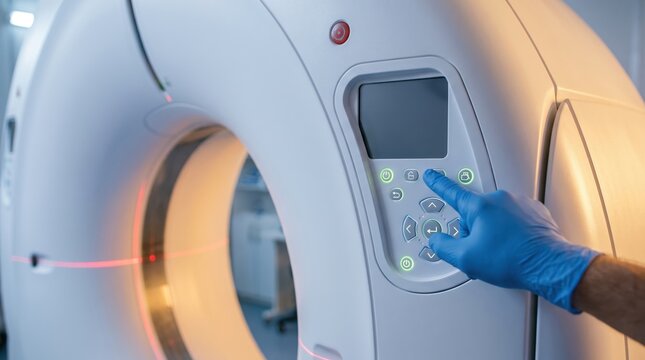 A healthcare worker in blue gloves uses a CT scanner in a hospital. The machine is large and circular, ready for a patient. There are lights on the device indicating it's on