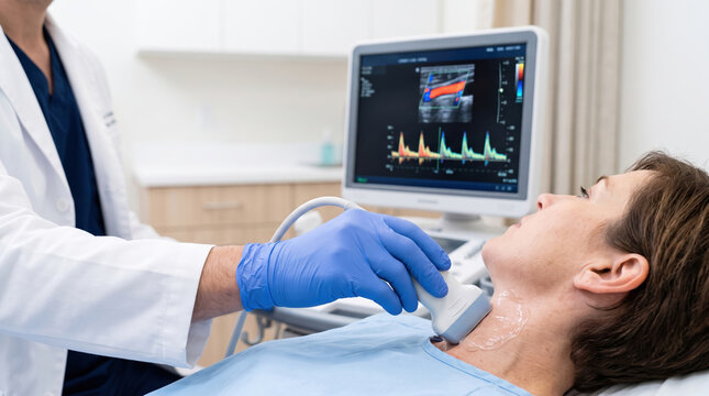 A patient lies on a bed while a doctor uses an ultrasound machine to examine the neck area. The clinic has modern equipment, and the setting is bright with clear screens