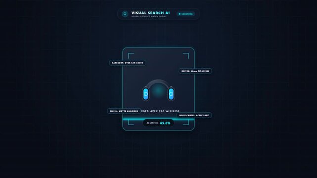 Futuristic heads up display interface scanning wireless headphones with data analytics and technical specifications displayed in a dark digital environment