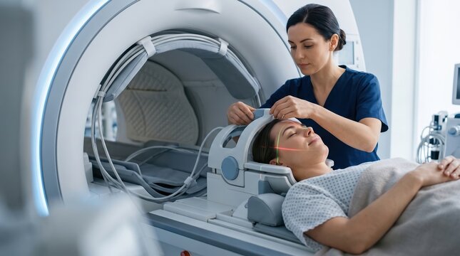 A healthcare professional adjusts a device on a patient who is lying down in a medical facility. The patient is preparing for an MRI scan while under supervision