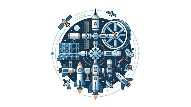 Circular space station and satellite technology vector composition.