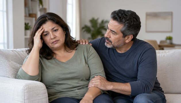Man comforting woman with hand on her shoulder on a sofa. Woman appears sad and stressed in a home setting. Concept of support, empathy, and emotional well-being