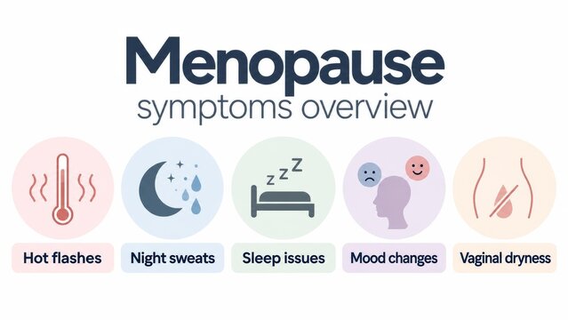 Menopause symptoms overview infographic with icons showing hot flashes, night sweats, sleep issues, mood changes and vaginal dryness. Clean flat design on white background