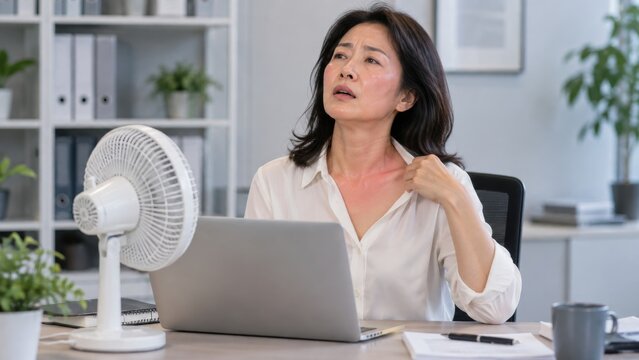 Mature woman experiencing hot flash at her office desk with a fan. She is uncomfortable, trying to cool herself down. Concept of menopause symptoms, discomfort, and seeking relief