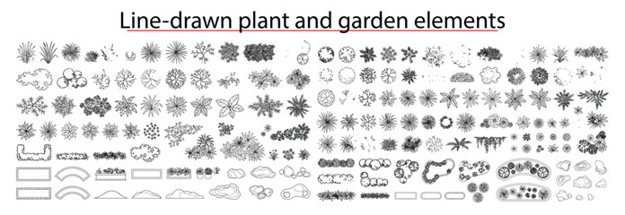 Obraz premium Landscape architecture plant CAD vector library, top view shrubs, flowers, trees, groundcover and garden symbols for site plans, planting plans, parks and residential design, Line-drawn plant