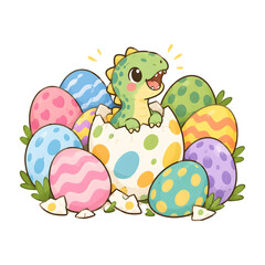 Fototapeta premium Cute Baby Dinosaur Hatching from Egg Illustration Cute Dino in Colorful Patterned Eggs Stack Vector Art for Nursery Wall Decor Kids Clothing Pillows and Blankets Doodle Arts Vector Illustration 1