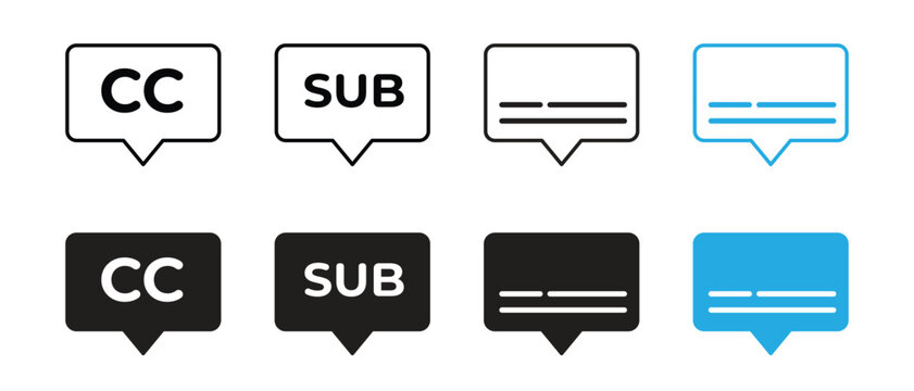 Subtitles and Closed Caption Icon Set with CC and SUB Speech Bubble Symbols