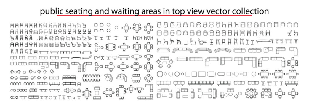 Public seating and waiting area CAD vector set, top view airport, theater, lounge and cafe furniture symbols for floor plans, interior design and architectural planning