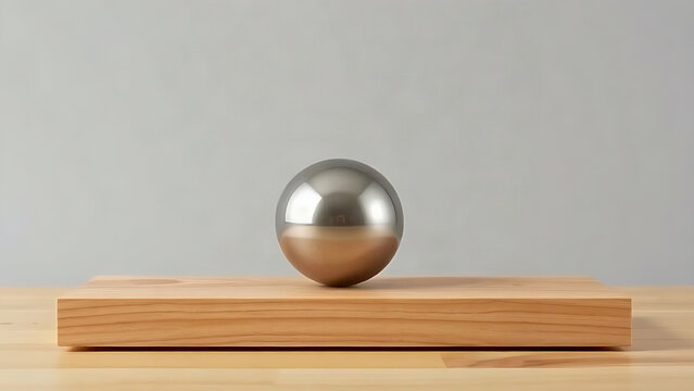 Steel ball on tilted wooden board, inclination and gravity balance concept