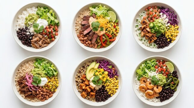 Top Down Grid 6 Stuffed Burrito Bowl Variations White Background 3x2 Layout

