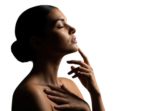 Elegant woman touching her chin isolated on transparent background