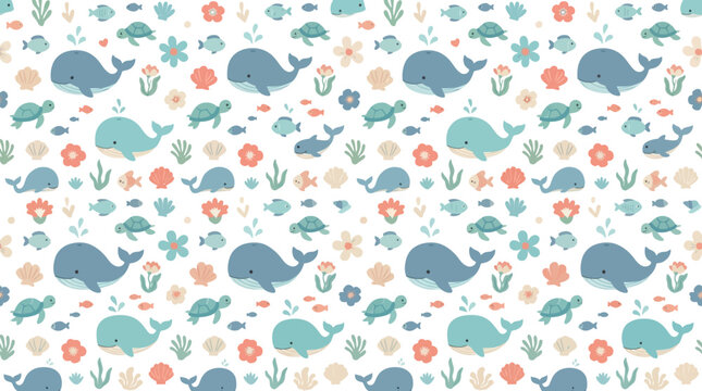 Cute Whales and Sea Creatures Pattern - Ocean Life Seamless Background