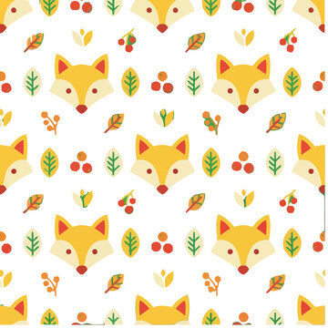 Seamless pattern with fox faces and autumn leaves
