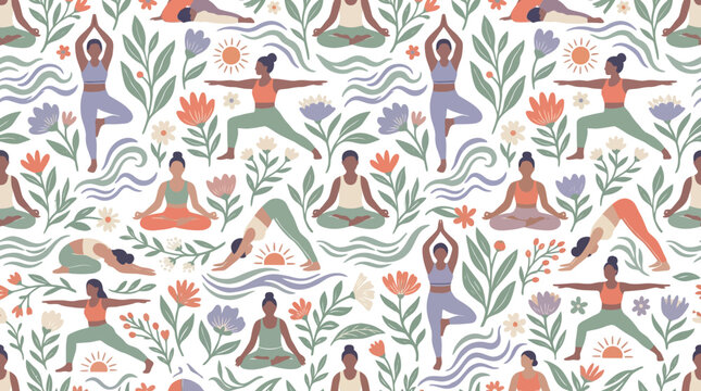 Diverse People Yoga Poses Seamless Pattern with Flowers and Leaves