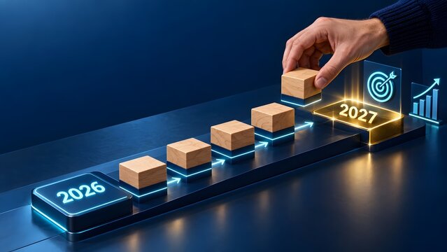 Hand building a staircase with wooden blocks moving from 2026 to 2027 illustrating business growth strategy and future financial forecasting