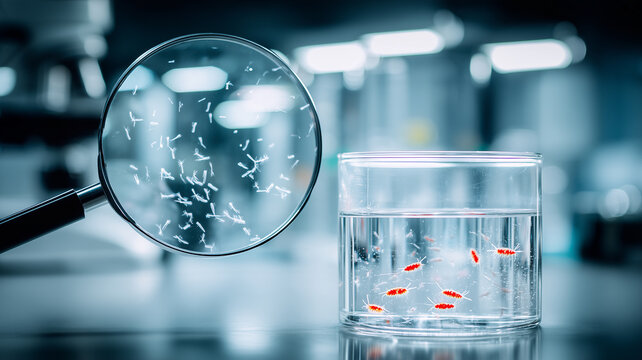 Magnifying glass examining microorganisms in a water sample representing contamination detection laboratory testing and water quality analysis.
