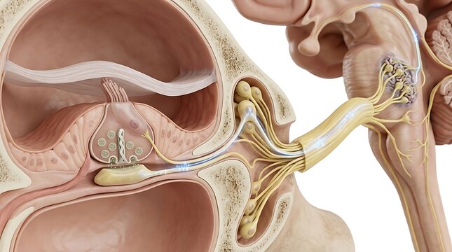 Close-up medical illustration of sensory hair cells in the cochlea connecting to the auditory nerve, showing the transmission of neural signals toward the brain in a biological setting
