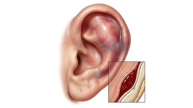 Medical illustration of an auricular hematoma showing a blood clot in the outer ear with a cross section inset detailing the accumulation of blood between the cartilage and skin.