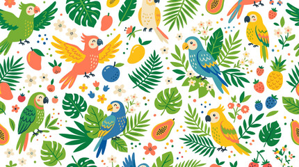 Obraz premium Tropical Parrot Pattern: Exotic Birds, Fruits, and Leaves Seamless Background
