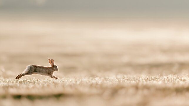Wild rabbit running across a field at sunrise, soft colors and peaceful