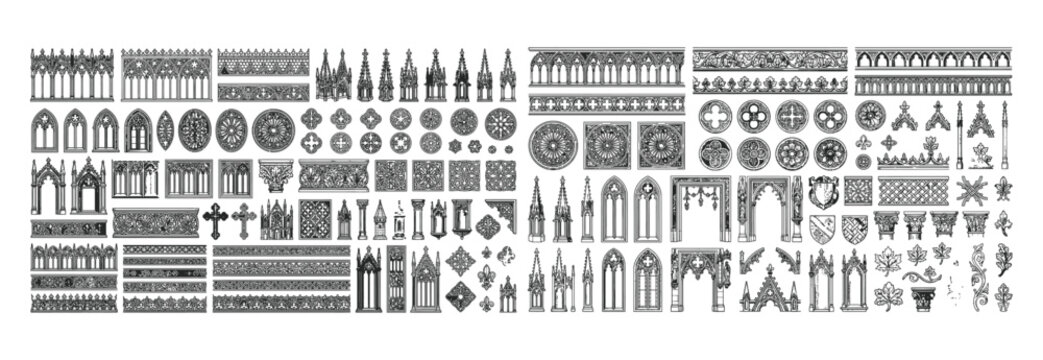 Gothic architectural ornament library, cathedral windows, medieval tracery, wrought iron borders, Victorian flourishes, crosses and decorative frames for dark fantasy, Halloween and engraving design