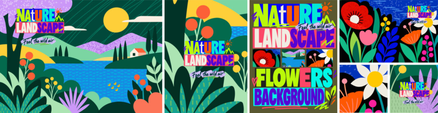 Colorful Nature Landscape and Floral Background. Modern vector abstract illustrations featuring mountains, a lake, flowers, leaves, plants, and bold abstract shapes - suitable for background, poster, 