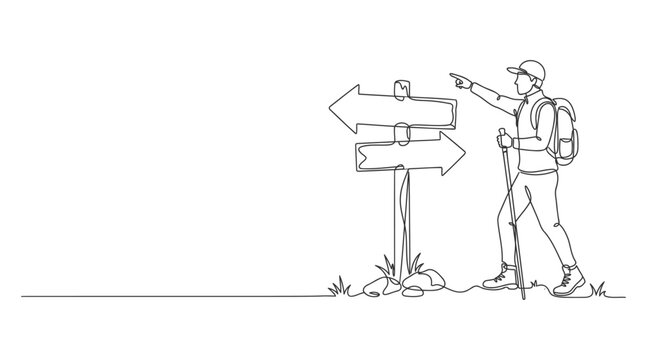 Continuous line drawing of hiker standing and pointing at wooden signpost with backpacker signpost trekking