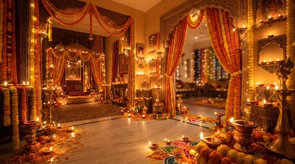 Fototapeta premium Diwali Decorations Galore: A stunning display of traditional Diwali decorations illuminates a grand interior, featuring countless diyas, marigold garlands, and intricate rangoli patterns.