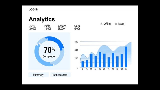 Business analytics dashboard animation with growing bar charts, donut percentage graph, and web traffic data visualization loop