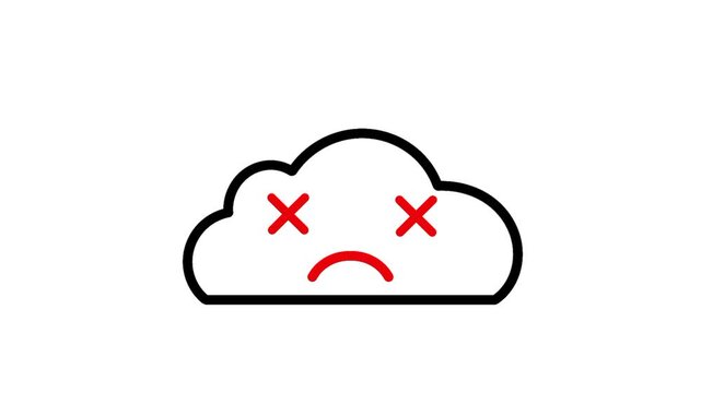 Error cloud computing icon featuring a sad cloud face, symbolizing system failure, service disruption, technical problems, and digital connectivity issues.