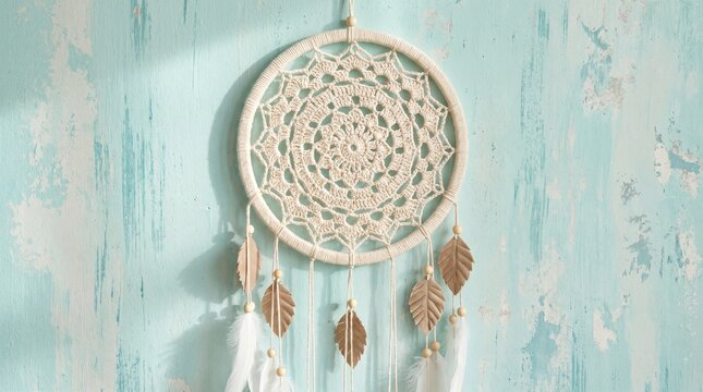 Handmade macrame dreamcatcher hanging on a rustic turquoise wall for boho home decor